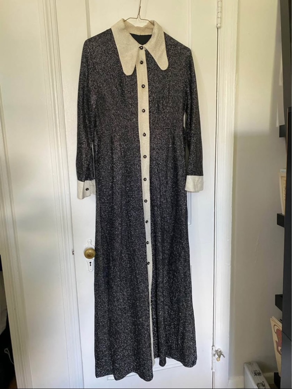 Vintage 70’s Black and Cream Long Button-Front Maxi Disco Dress - Picture 2 of 11